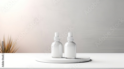 White blank model of serum and lotion, C4D render, on white platform, white blank background © paisorn