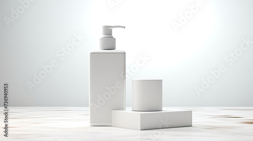 White blank model of serum and lotion, C4D render, on white platform, white blank background
