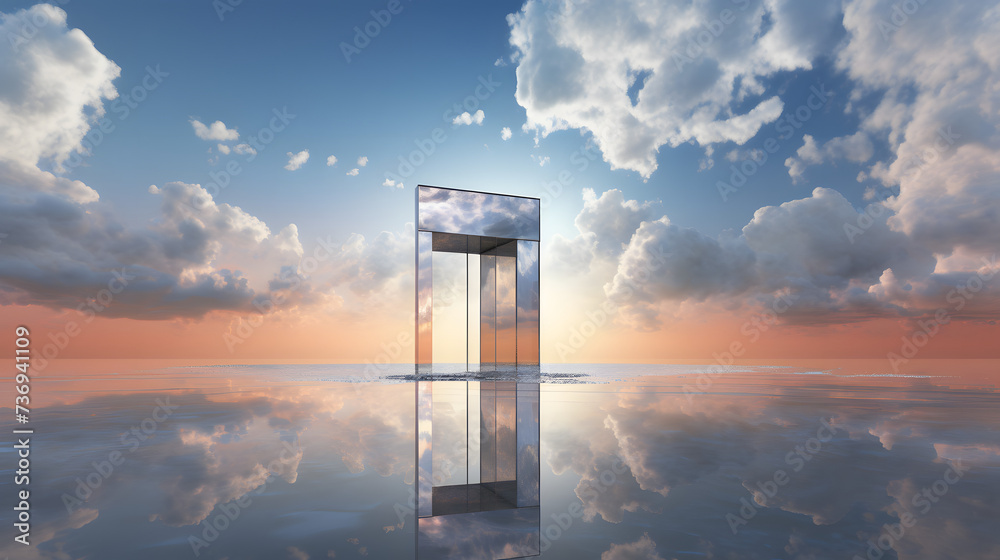 a sky showing clouds, in the style of mirror rooms, colorful graphic art, confessional, sparkling water reflections, minimalistic metal sculptures, light silver
