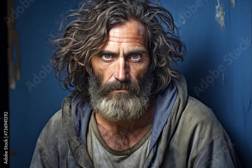 Homeless man, with a somber expression, emphasizing the harsh reality of homelessness on a solid muted blue background. © Hanna Haradzetska