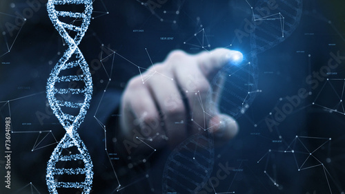 Scientist is typing on hologram screen with dna chain background.