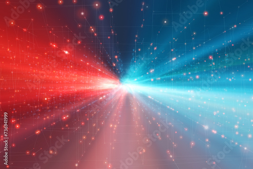 Futurstic cyberspace lines and glowing dots on red blue coloured illustration background. 