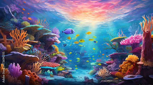 A colorful coral reef with many different types