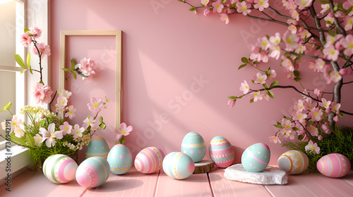 Happy Easter! Colorful Easter eggs with cherry blossoms on pink background