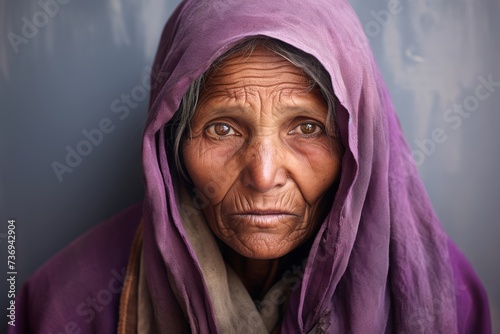 Homeless woman, expressing sorrow, underscoring the emotional challenges associated with homelessness on a solid muted mauve background