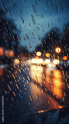 Rain drops on the glass window in rainy night