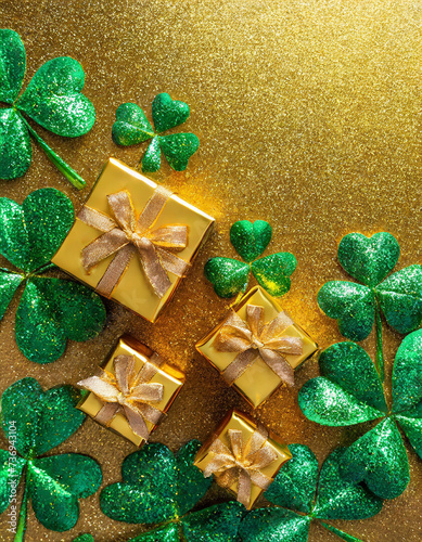 Clover leaves with golden gift boxes on gold background. St. Patrick's Day concept. photo