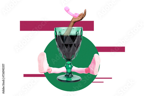 Creative abstract composite photo collage of anonymous person hiding behind martini wine glass hold old phone isolated on white background photo