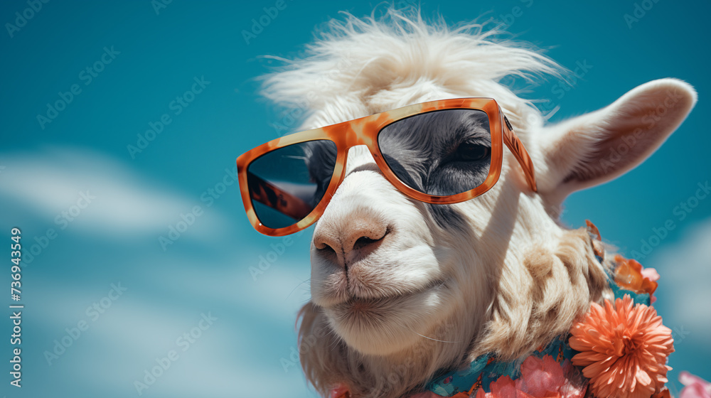 Little white baby goat with sunglasses, isolated on blue color background