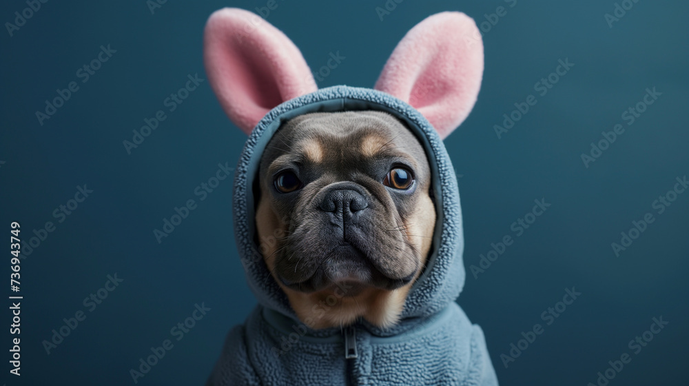 Cool cute french bulldog dog pet wearing a jogging suit with rabbit bunny ears, isolated on blue background