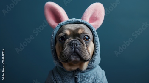Cool cute french bulldog dog pet wearing a jogging suit with rabbit bunny ears, isolated on blue background