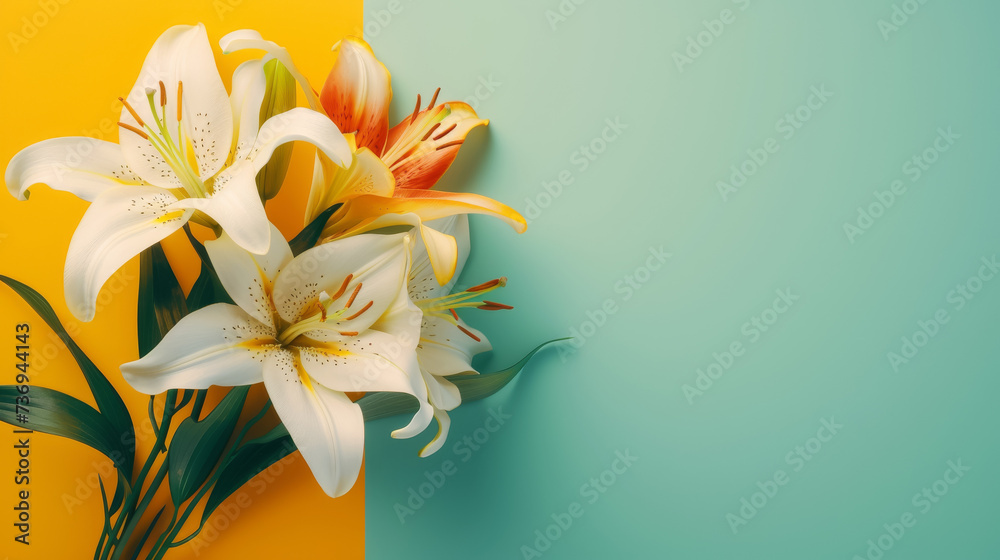 Dual-Toned Elegance: White Lilies Bloom on Yellow and Aqua