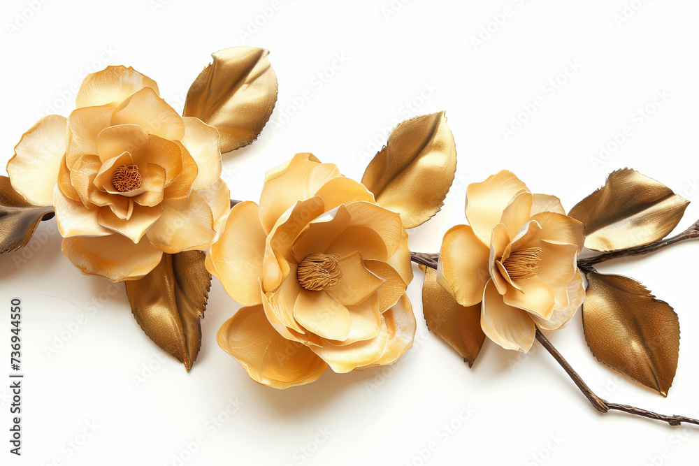 Elegant Golden Magnolia Branch - 3D Rendered Floral Arrangement on White Background