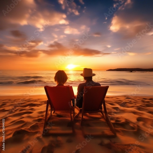 couple relaxing on the beach at sunset. tropical trip.