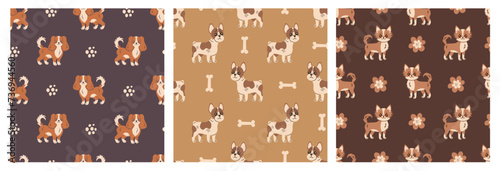 Small dog breed seamless patterns set. Cute doggy backgrounds collection with happy spaniel, French bulldog and Chihuahua puppy character. Repeat vector illustration for pets