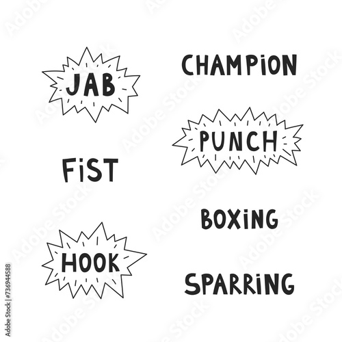 Boxing words and phrases lettering set. Handwritten sport text collection. Black colored terms for boxers in modern comic style. Vector illustration