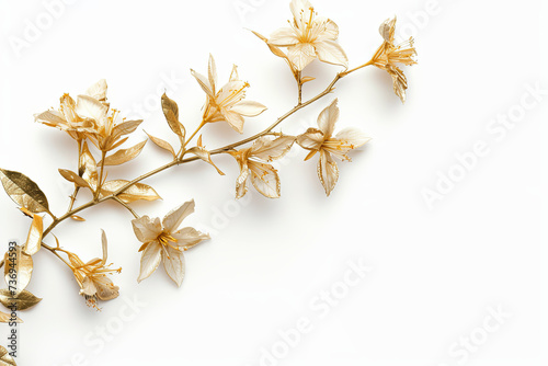 Elegant Golden Branch with Delicate Flowers on White Background for Luxurious Decor
