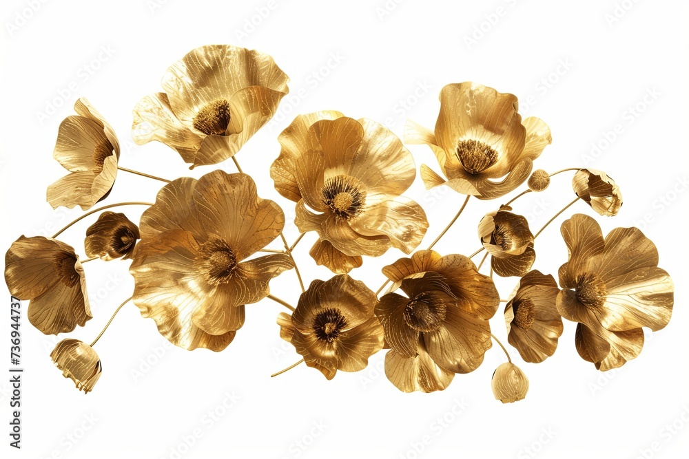 Elegant Golden Flowers Arrangement Isolated on White Background - obrazy, fototapety, plakaty 