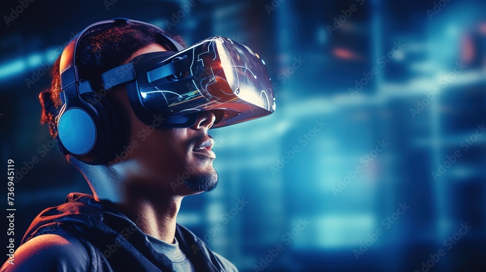 Generative AI image of boy in futuristic goggles interacting with virtual reality ai generative Generative AI image of boy in futuristic goggles interacting with virtual reality ai generative