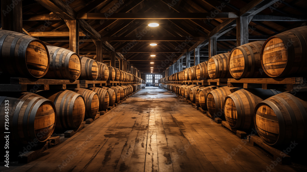 Oak barrels in a underground wine cellar