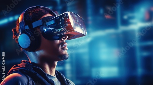 Generative AI image of boy in futuristic goggles interacting with virtual reality ai generative