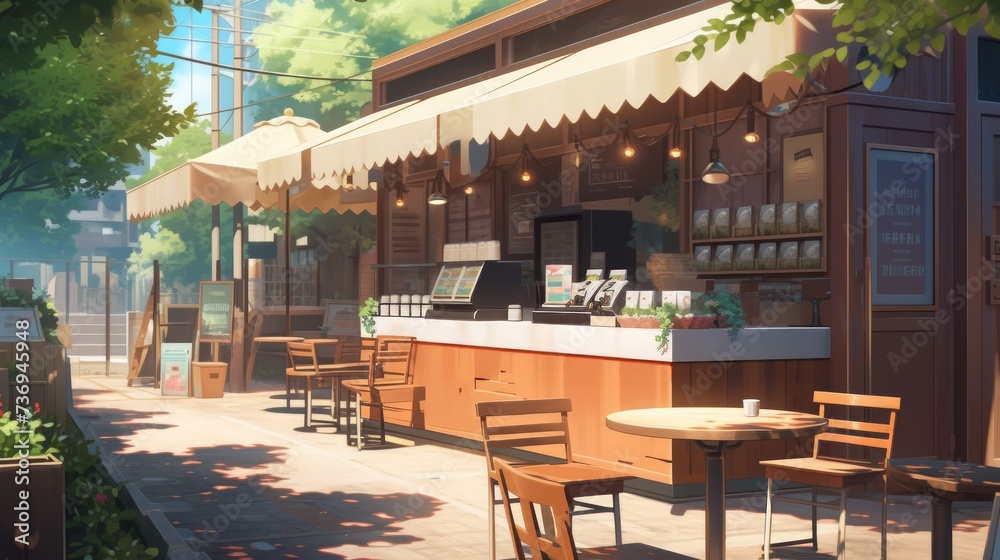 A view of an outdoor cafe stand in the morning that appears empty. An animated Japanese or anime-style view of the cafe. A cafe in an anime world. Created with Generative AI.