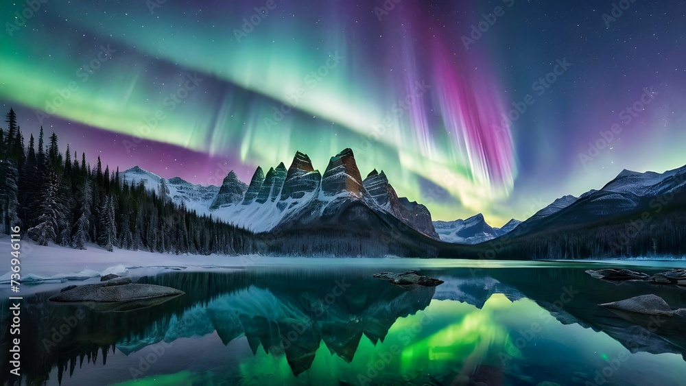 A mesmerizing dance of the Northern Lights illuminates the serene, snow-capped mountains and tranquil lake below