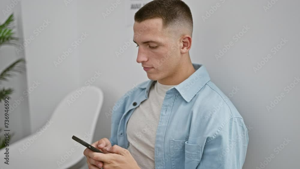 A young hispanic man in a light blue shirt and jeans holding a smartphone indoors, with modern minimalist decor. A young hispanic man in a light blue shirt and jeans holding a smartphone indoors, with modern minimalist decor.