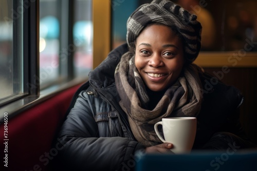  Photo Joyful homeless woman, 30 years old, African-American, embracing the warmth of a local café, finding moments of happiness amid life's uncertainties