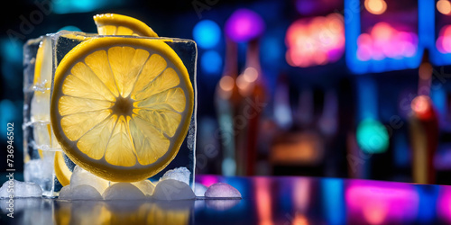 advertising still-life with sliced lemon in ice cubes over night club background. Bar counter. Generative Ai