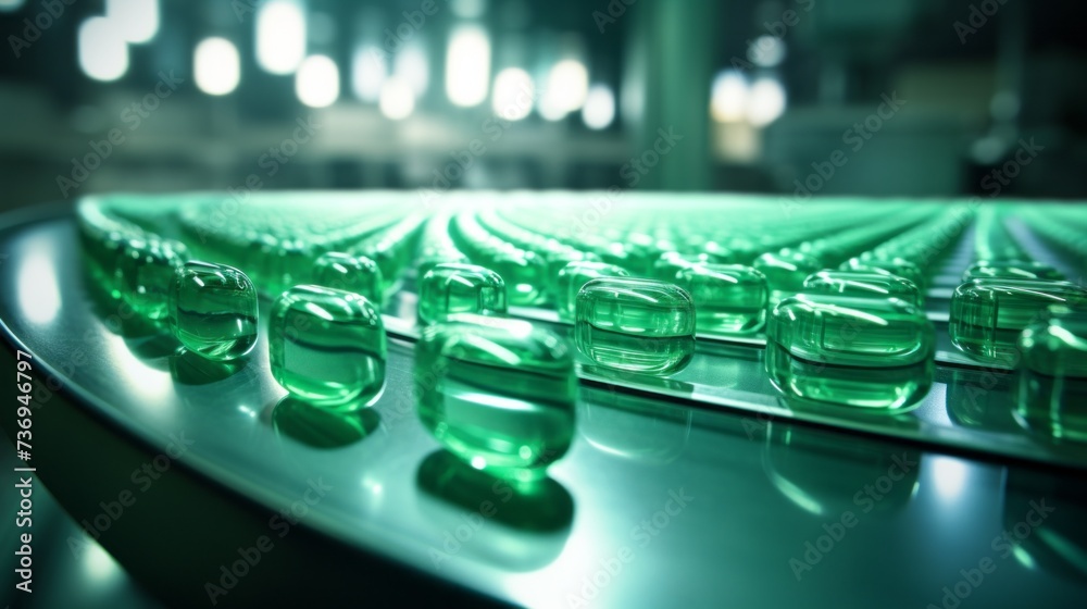 Close-up of green capsules during the manufacturing and packaging process in a modern pharmaceutical factory. Drug production, Healthcare and medicine concepts. - obrazy, fototapety, plakaty 