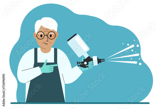 A man in a special suit holds a paint spray gun.