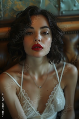 Femme Fatale Captivates from Corner of Vintage Speakeasy, in White Dress and Red Lipstick