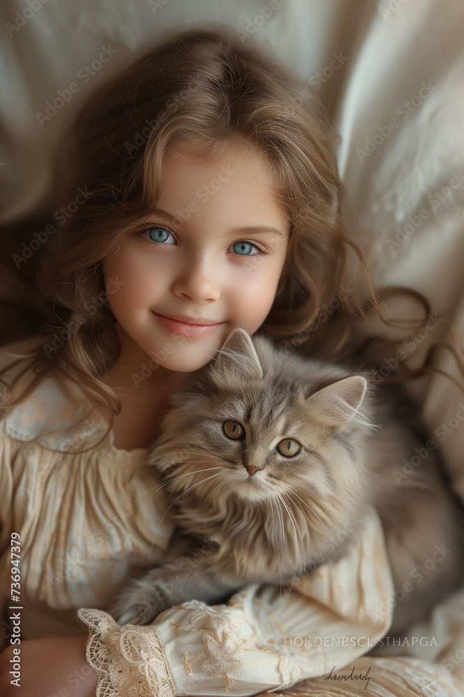 Girl with Blue Eyes and British Shorthair Gray Cat Pose in Beautiful Harmony Girl with Blue Eyes and British Shorthair Gray Cat Pose in Beautiful Harmony