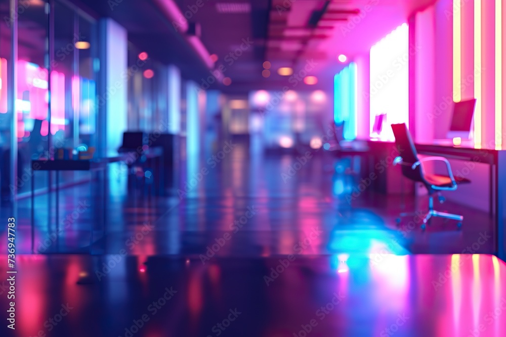 Modern neon cyberpunk open space office interior blurred with information technology overlay. Corporate strategy for finance, operations, marketing Modern neon cyberpunk open space office interior blurred with information technology overlay. Corporate strategy for finance, operations, marketing