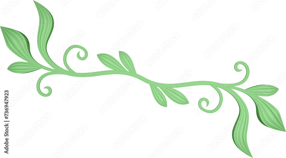 3D rendering of a curved branch with leaves of different sizes on a transparent background 3D rendering of a curved branch with leaves of different sizes on a transparent background