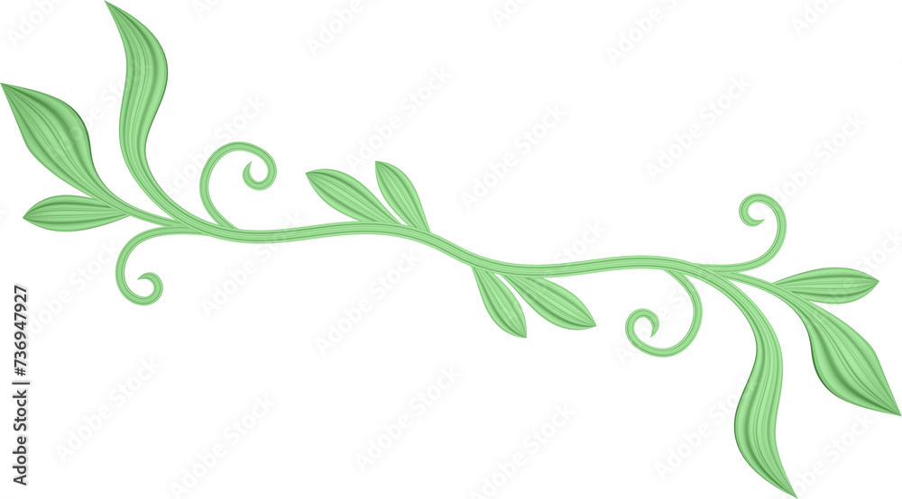 3D rendering of a curved branch with leaves of different sizes on a transparent background 3D rendering of a curved branch with leaves of different sizes on a transparent background