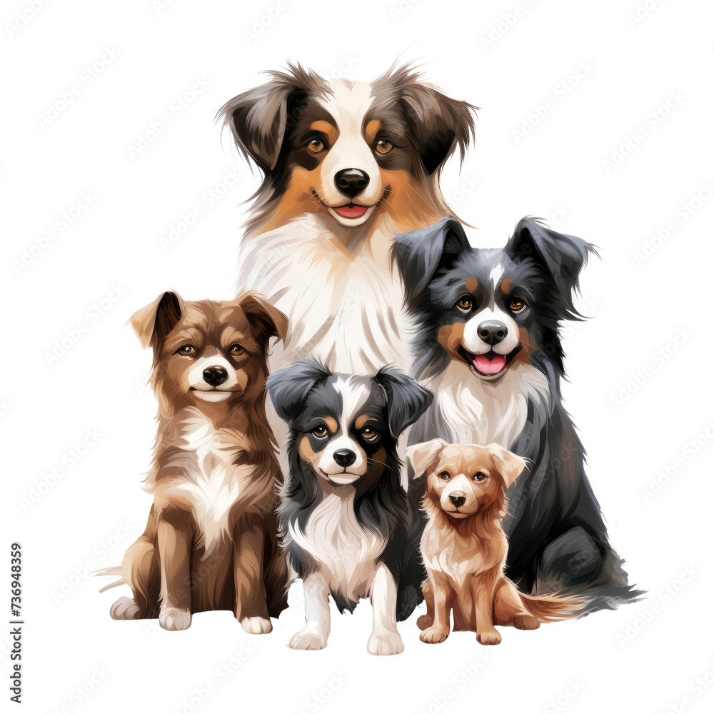 Family of cute dogs on transparent background 
