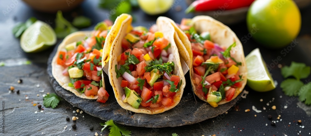 Vegetable-filled tacos with salsa, perfect for vegetarian snacking.