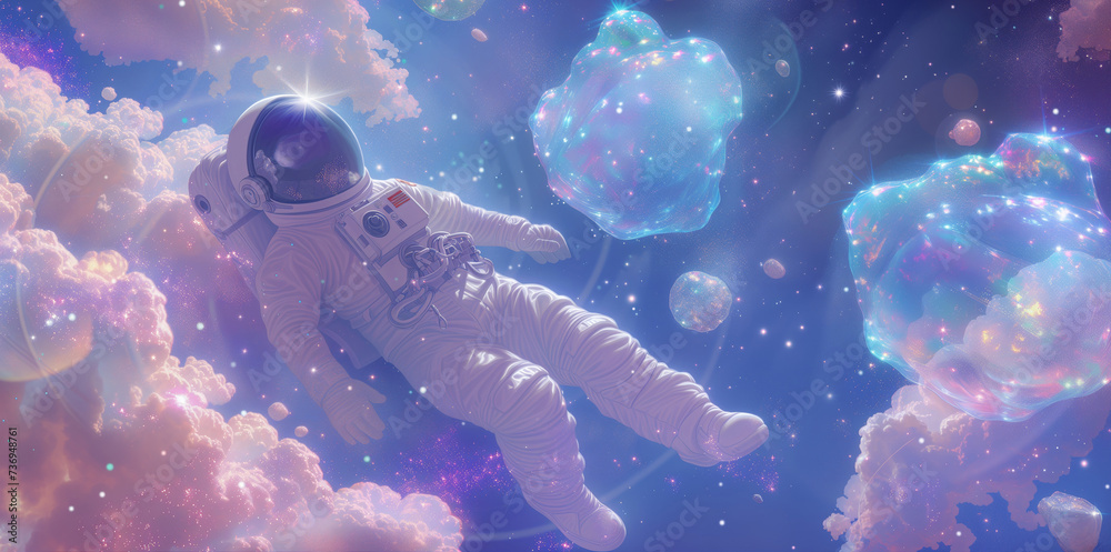Astronaut floating weightlessly in space, surrounded by shimmering stardust and cosmic clouds. In the foreground, the astronaut is depicted in a spacesuit, Celestial Dreamer - obrazy, fototapety, plakaty 