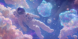 Astronaut floating weightlessly in space, surrounded by shimmering stardust and cosmic clouds. In the foreground, the astronaut is depicted in a spacesuit, Celestial Dreamer