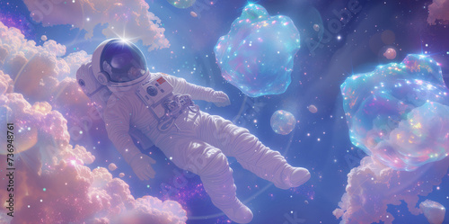 Astronaut floating weightlessly in space  surrounded by shimmering stardust and cosmic clouds. In the foreground  the astronaut is depicted in a spacesuit  Celestial Dreamer