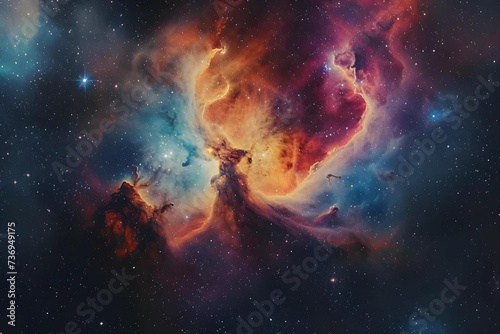 Ultra-high resolution stock photo of the Carina Nebula, showcasing vibrant cloud formations and newborn stars, symbolizing creation within the cosmos.