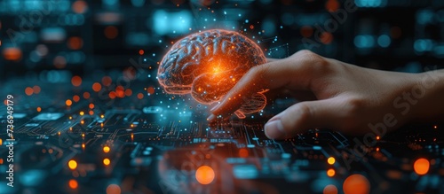 man hand working with creative human brain microcircuit hologram #736949179