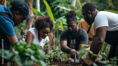 African-American group of individuals working together on a sustainable project, work together to plant trees and create a forest.