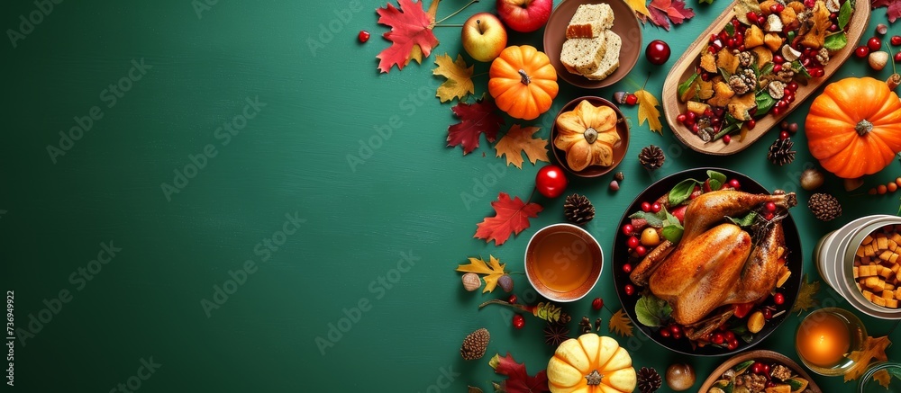 Fototapeta premium Create a memorable Thanksgiving table with autumn-themed decorations on a green background and a promo area.