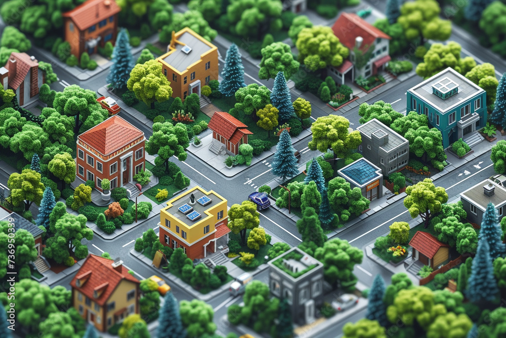 This image captures a meticulously crafted miniature model showcasing a residential neighborhood with vibrant greenery and a variety of detailed buildings.