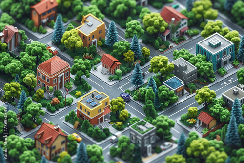 This image captures a meticulously crafted miniature model showcasing a residential neighborhood with vibrant greenery and a variety of detailed buildings.