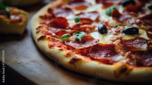 Delicious pizza with salami, cheese and tomatoes close up