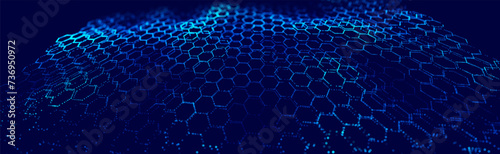 Technology or Science Abstract Blue Hexagonal Grid Background. Molecular Network of Hexagons Connected. Chemical Network. Carbon Nanomaterials Nanotechnology Concept. Vector Illustration.